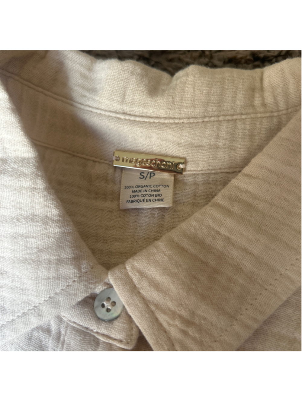 Women's Magaschoni Organic Cotton Button Down Short Sleeve Shirt, Size S, Beige - Picture 2 of 5